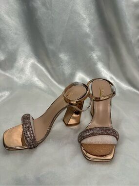 Glaze Rose Gold Crystal Ankle-Strap Block Heels